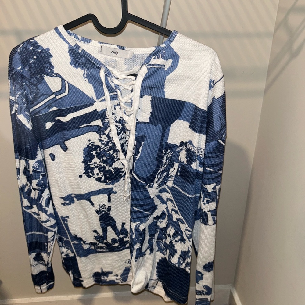 Adika Blue and White Lace-Up Sweater